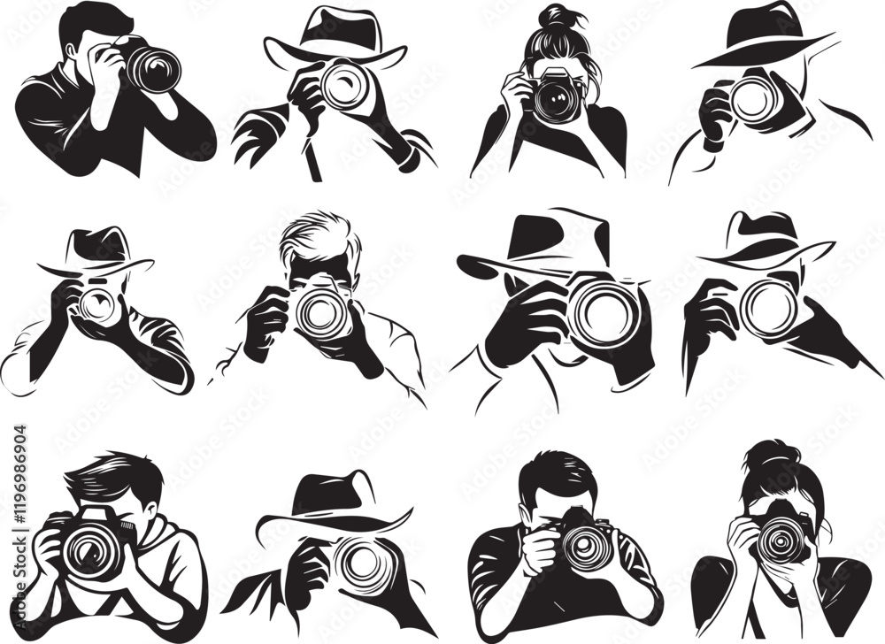 Naklejka premium Vector logos on a white background, black and white icons for photographers. The man with the camera