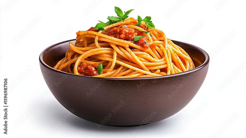 A photostock of a steaming bowl of spaghetti with fresh tomato sauce and herbs, displayed against a white background, symbolizing Italian cuisine. High Quality A photostock of a steaming bowl of spaghetti with fresh tomato sauce and herbs, displayed against a white background, symbolizing Italian cuisine. High Quality