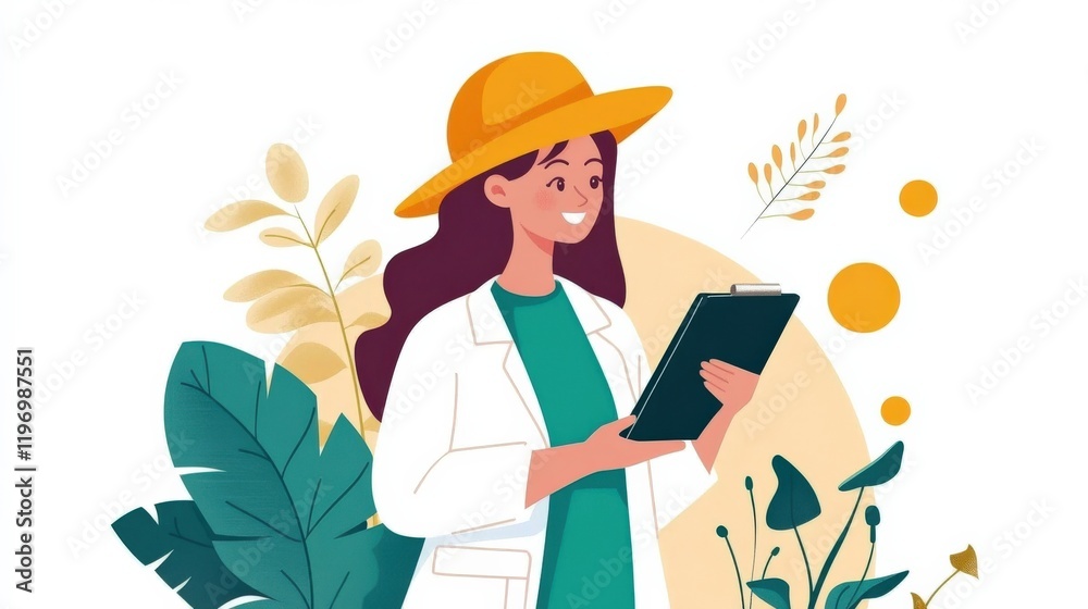 Woman in White Lab Coat Holding Clipboard Surrounded by Tropical Plants and Bright Elements Woman in White Lab Coat Holding Clipboard Surrounded by Tropical Plants and Bright Elements