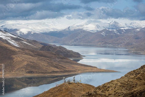 malerische Hochebene in Tibet mit Flusslauf und Schneebergen