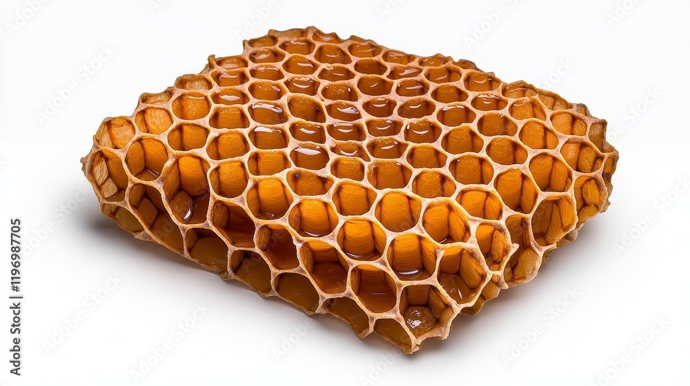 A photostock of a vibrant honeycomb with a golden hue, placed symmetrically on a clean white surface, symbolizing nature's sweetness and texture. High Quality A photostock of a vibrant honeycomb with a golden hue, placed symmetrically on a clean white surface, symbolizing nature's sweetness and texture. High Quality