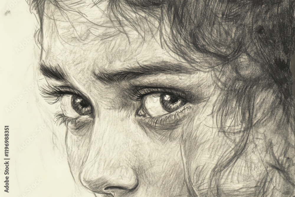 Obraz premium Pencil drawing of a portrait of a young woman's eye looking at a crying woman. 
