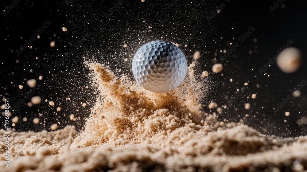 Close-up of a golf ball launching from a sand bunker, grains of sand suspended mid-air in a dynamic burst. Close-up of a golf ball launching from a sand bunker, grains of sand suspended mid-air in a dynamic burst.