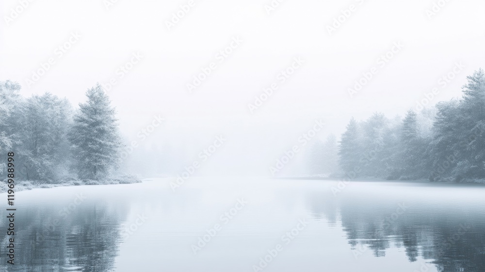 Fototapeta premium Misty lake view with calm water and abundant greenery in a serene natural setting. Generative AI