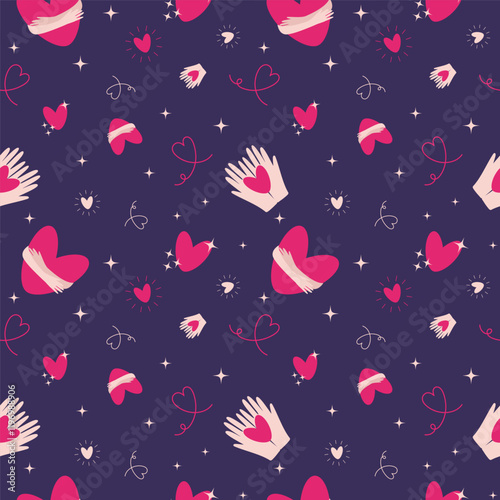 Vector flat cute romantic Valentines day, love season seamless pattern with heart is embraced by hands, hands holding a heart, stars, line art shapes.
