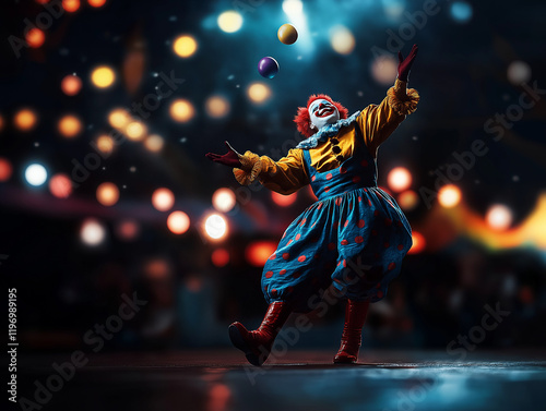 Lächelnder Clown jongliert farbige Bälle unter leuchtendem Lichterspiel

 photo