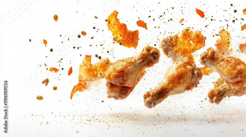 Crispy roasted chicken wings with aromatic spices flying in the air, creating a tantalizing effect on a clean white background. photo