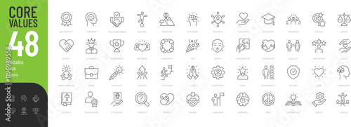 Core Values Line Editable Icons set. Vector illustration in modern thin line style of beliefs related icons: happiness, work, community, and more. Pictograms and infographics for mobile apps
