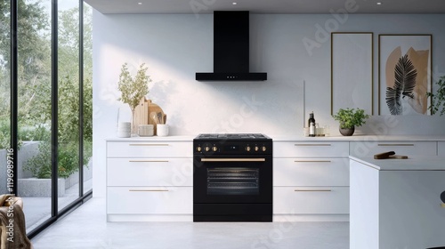 A sleek white kitchen with a statement black range, brass handles, and modern art pieces on the walls.  photo