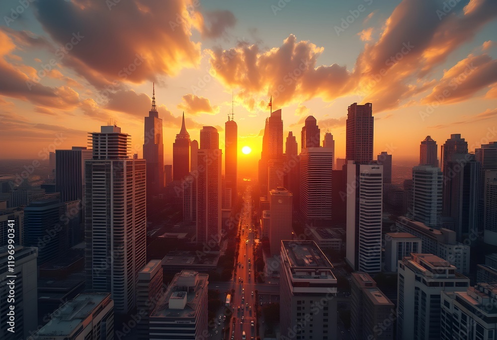 Fototapeta premium Urban Skyline with Time-Lapse Sunrise and Sunset