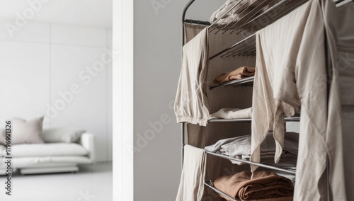 Air-drying clothes on a drying rack as a sustainable alternative to dryers, conserving energy in a green home photo