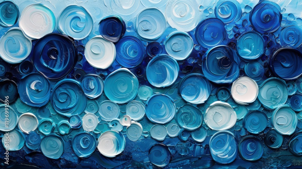 Tranquil abstract painting featuring cool aqua circles merging with a watery blue gradient, evoking the calming essence of an underwater world. Tranquil abstract painting featuring cool aqua circles merging with a watery blue gradient, evoking the calming essence of an underwater world.