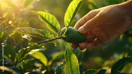 Hand picking a small, green avocado from a tree branch at sunset.