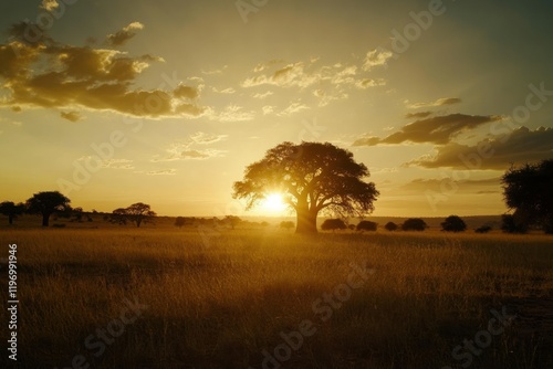 Majestic Sunset Over Golden Field with Solitary Tree Silhouette in Scenic Landscape of Open Plains Under a Vast Sky with Vibrant Clouds and Warm Colors