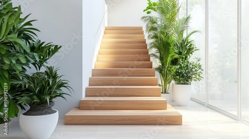 Wallpaper Mural Polished wooden stairs with minimalist railings in a bright, modern home, surrounded by lush indoor plants. Torontodigital.ca