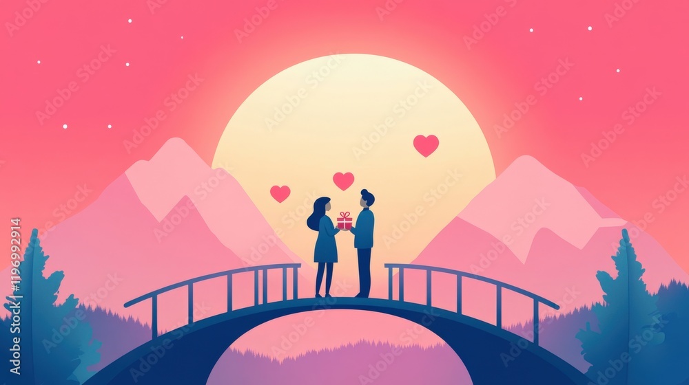 Naklejka premium Romantic couple on a bridge with a sunset background and hearts in a dreamy landscape illustration