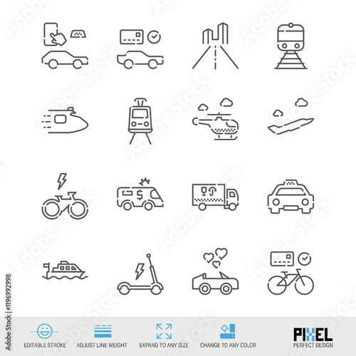 City transport related vector line icon set isolated on white. Pixel perfect design. Editable stroke. Adjust line weight. Expand to any size. Change to any color.