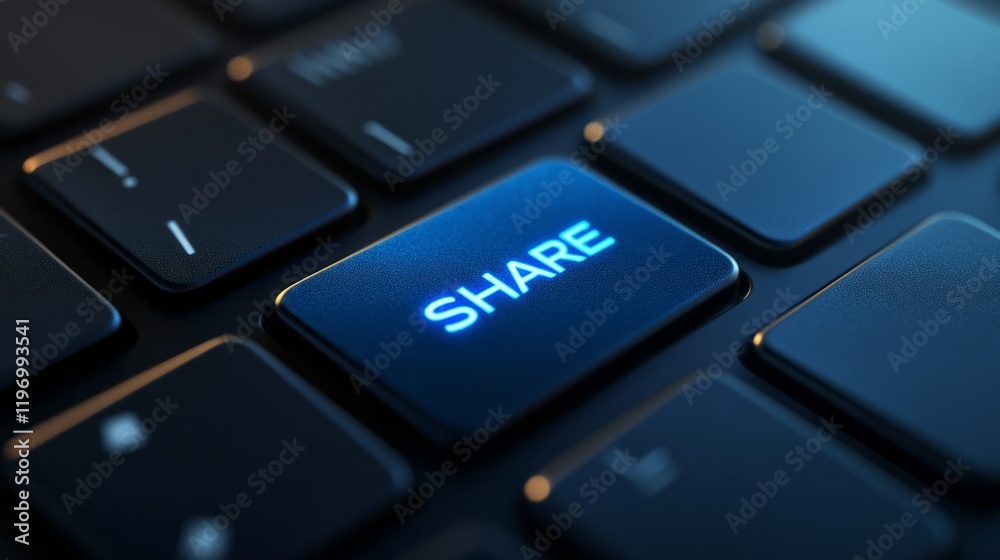A close-up view captures the share key on a stylish keyboard, illuminated with a blue glow against a dark background, emphasizing the importance of sharing in digital communication A close-up view captures the share key on a stylish keyboard, illuminated with a blue glow against a dark background, emphasizing the importance of sharing in digital communication
