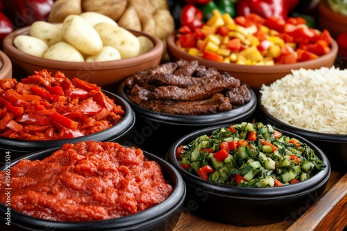 Assortment of traditional Zulu dishes with rice in bowls and plates