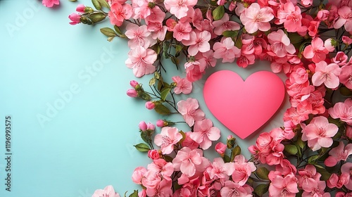 Creative Valentine�s Layout with Pink Flowers and Paper Heart on Punchy Background photo