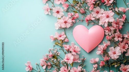 Creative Valentine�s Layout with Pink Flowers and Paper Heart on Punchy Background photo