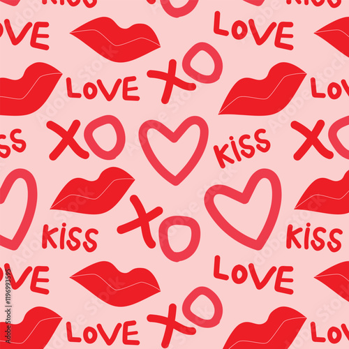 Cute Valentine’s Day heart with xoxo , lips and love words, seamless pattern. For Valentine wrapping paper, greeting card and fabric
