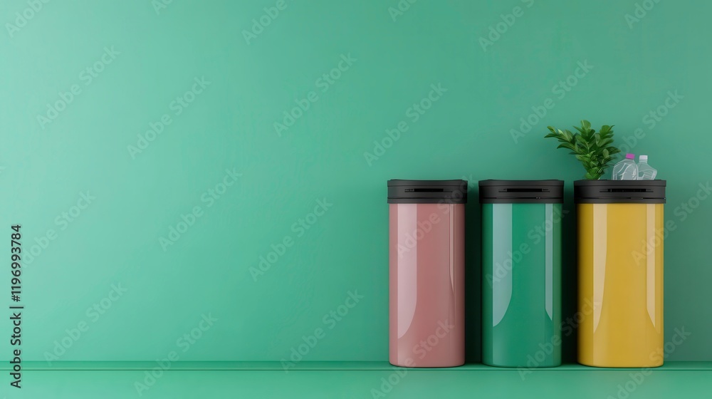 Three stylish, cylindrical containers in pastel colors against a green wall, complemented by a small plant, creating a modern, fresh aesthetic. Three stylish, cylindrical containers in pastel colors against a green wall, complemented by a small plant, creating a modern, fresh aesthetic.
