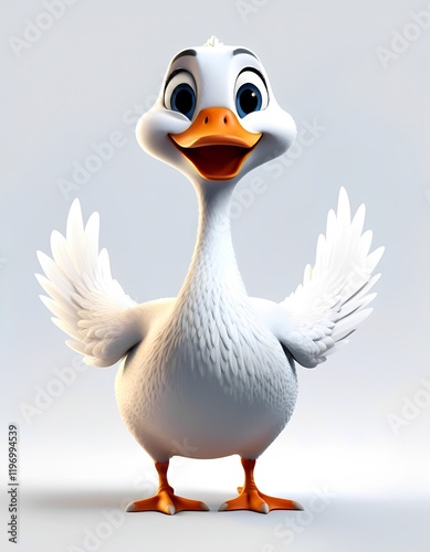 A cheerful cartoon duck character with an orange beak and feet. The duck is depicted in a playful pose, highlighting its friendly and energetic nature. photo