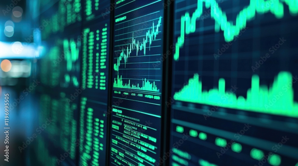 Financial Market Data Visualization with Green Indicators and Graphs on Digital Screens in Modern Office Setting Financial Market Data Visualization with Green Indicators and Graphs on Digital Screens in Modern Office Setting