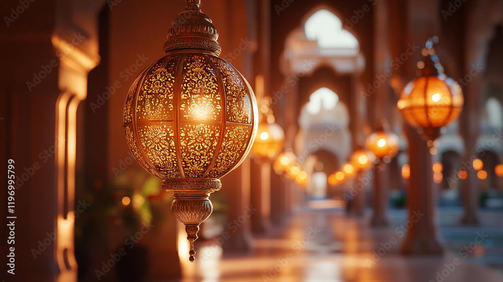 Intricately designed lanterns illuminate a peaceful corridor during Ramadan celebrations Intricately designed lanterns illuminate a peaceful corridor during Ramadan celebrations