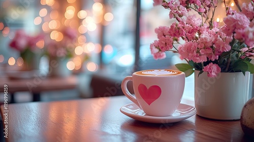 Heart-Shaped Latte Art on Coffee Cups with Soft Pink and Cream Background photo