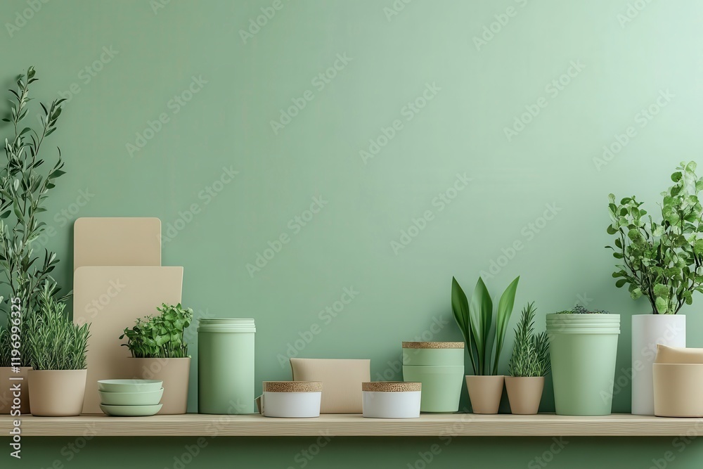 A serene display of green plants and minimalist pots on a wooden shelf against a soft green wall, creating a fresh and calming atmosphere. A serene display of green plants and minimalist pots on a wooden shelf against a soft green wall, creating a fresh and calming atmosphere.