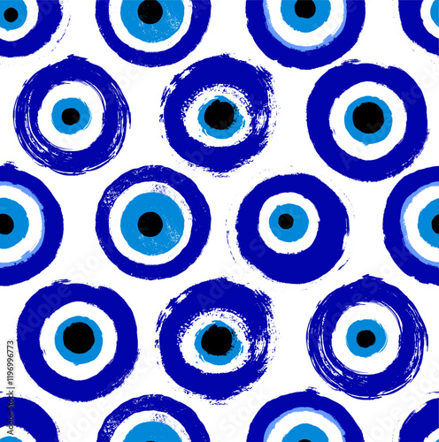 Turkish evil eye seamless pattern grunge hand drawn. Mandala greek evil eye. Symbol of protection in Greece, Cyprus. Amulet from evil eye. Vector blue Turkish fatima's eye. Magic item, attribute.