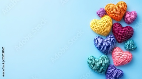 Playful Knitted Fluffy Hearts on Blue Background for a Valentine's Day Theme