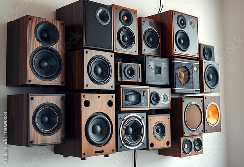 Vintage Wooden Speakers Wall Collection Retro Audio System Design photo