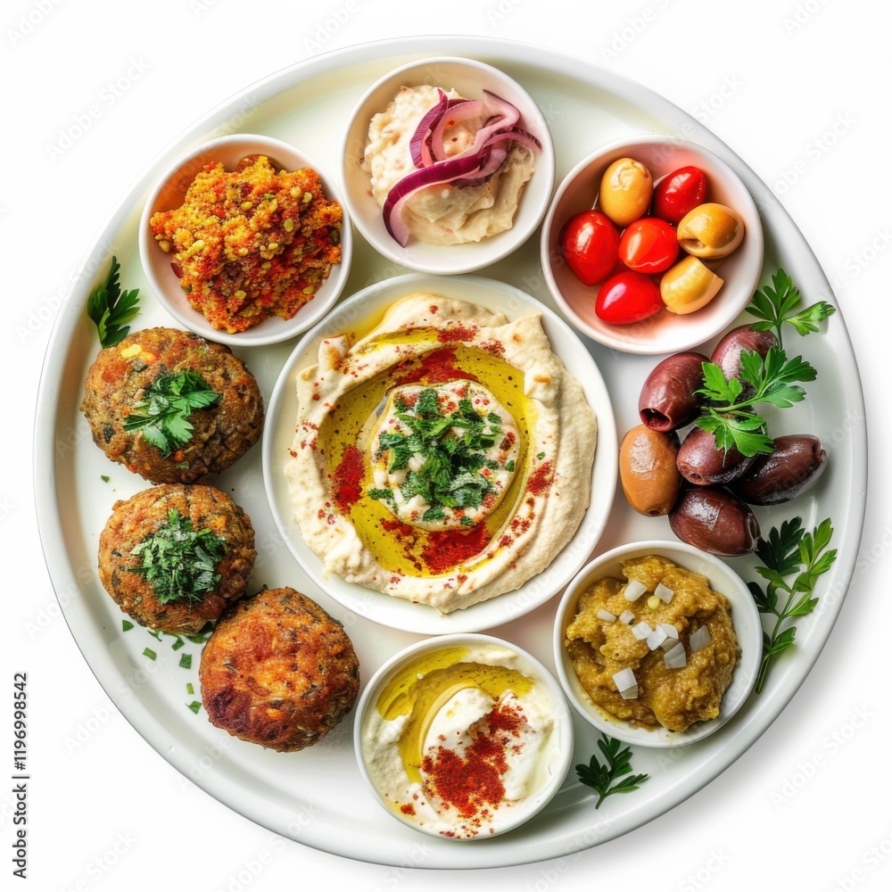A platter of assorted Mediterranean mezze including hummus and falafel, isolated white background, surreal art style A platter of assorted Mediterranean mezze including hummus and falafel, isolated white background, surreal art style