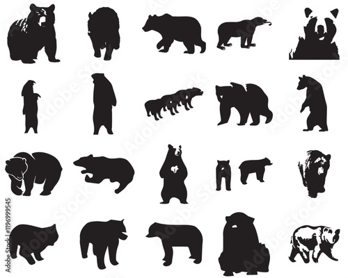 Polar bear silhouettes set, large pack of vector silhouette design, isolated white background