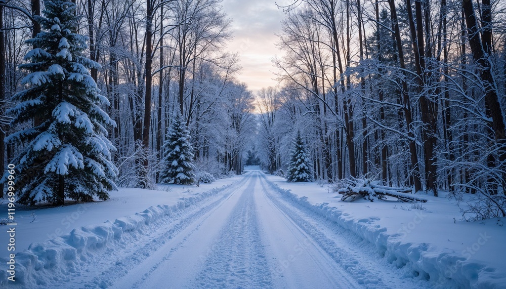 Obraz premium Cleared road through snow-covered forest, winter scenery with trees and peaceful atmosphere, copy space 
