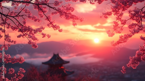 A romantic sunset scene with cherry blossoms silhouetted against an orange and pink sky