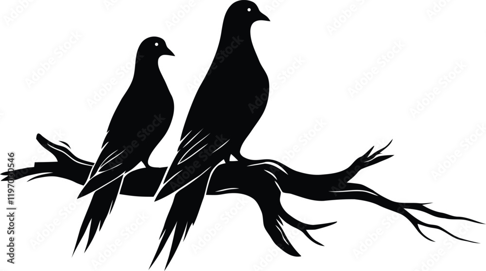 Fototapeta premium Two silhouettes of birds stands on a tree branch