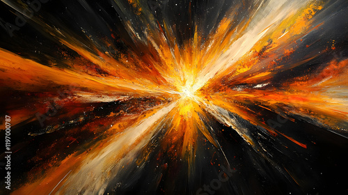 An abstract interpretation of a solar flare with radiant streaks of orange, yellow, and white, layered over a textured black background to create an intense, glowing effect 