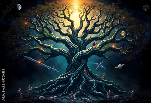 Ancient Cosmic Tree Celestial Beings Dark Fantasy Art photo