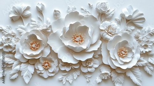 Exquisite White Floral Relief Art for Wall Décor Featuring Elegant Roses and Detailed Petals with Artistic Touch in 3D Design