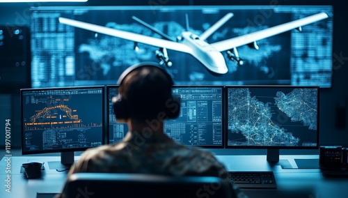 Military command center with large screens showing maps and drone footage