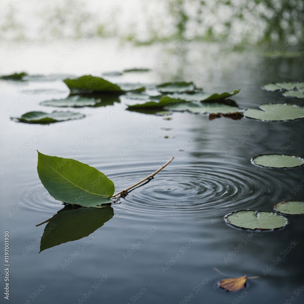 A calm pond with a single floating leaf, the simplicity accentuated by a white backdrop. A calm pond with a single floating leaf, the simplicity accentuated by a white backdrop.