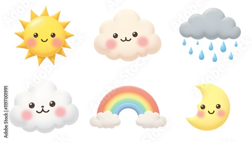 Playful Kawaii Weather Elements with Cheerful Expressions Isolated On Transparent Or White Background