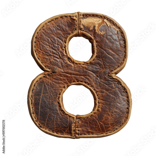 A close-up image shows the number eight crafted from distressed brown leather with visible stitching. photo