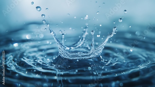 A water droplet impacts a surface, generating a dynamic splash that sends out ripples in calm blue waters, perfect for creative overlays and designs photo