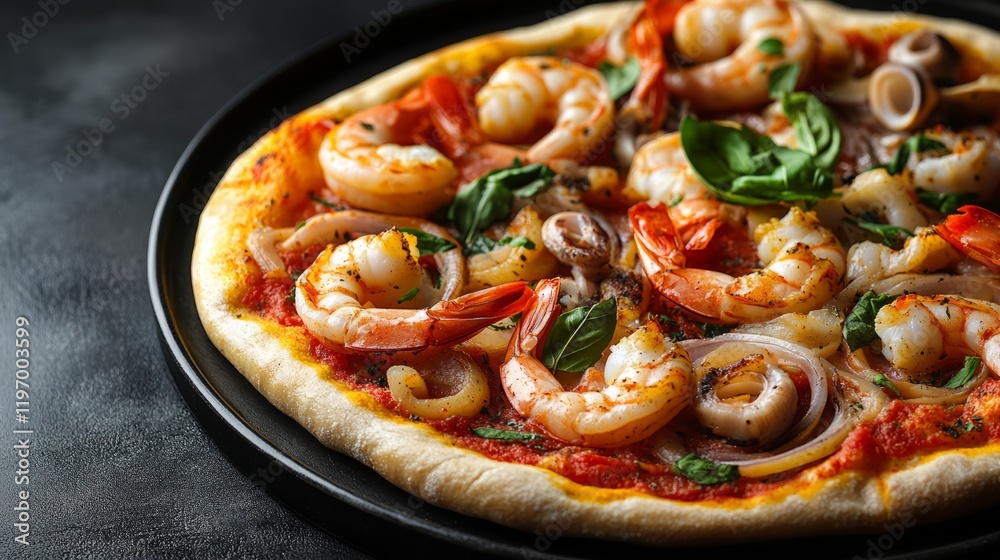 A mouthwatering seafood pizza showcased with grilled shrimp, calamari, and basil leaves, placed on a black plate, inviting customers to enjoy a flavorful meal A mouthwatering seafood pizza showcased with grilled shrimp, calamari, and basil leaves, placed on a black plate, inviting customers to enjoy a flavorful meal
