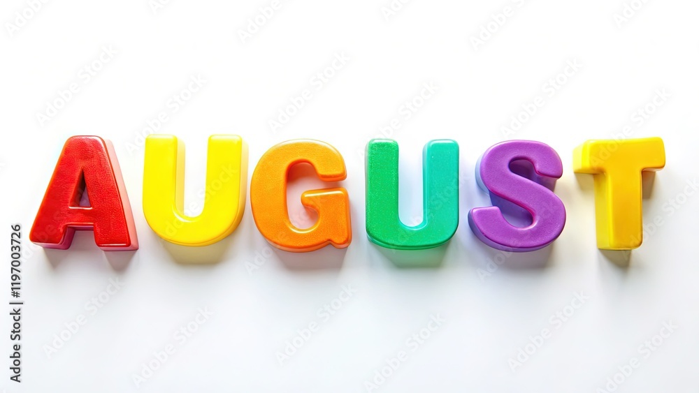 Colorful August Letters - Vibrant Alphabet on White Background, Perfect for Seasonal Designs Colorful August Letters - Vibrant Alphabet on White Background, Perfect for Seasonal Designs